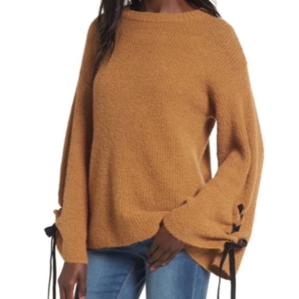 BP. Camel Tan Sweater Bell Sleeves Ribbon Cuffs M